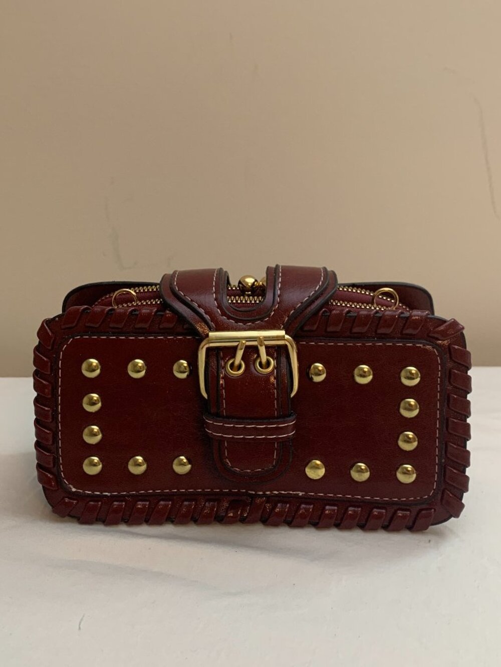 Red Studded Faux-Leather Crossbody Bag Gold Hardware